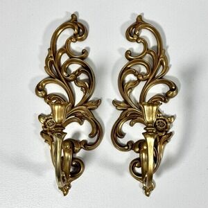 Pair Vintage Syroco Gold Plastic Wall Candle Sconces #4531 Hollywood Regency 16"